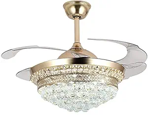 Oltao Auric ( First Gen,AC Motor ) Modern Chandelier fan with Light,Crystal, Remote Control 4 Retractable ABS Blades for Bedroom Living Dining Room Decoration