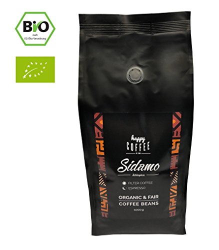 HAPPY COFFEE Bio Espressobohnen 500g [SIDAMO] Extra Stark I Frische fair-trade Kaffeebohnen direkt aus Äthiopien I Arabica Kaffee ganze Bohnen I Ideal für Vollautomat und Siebträger