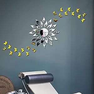 Tripti products Silver Sun with Golden Butterfly 3D Acrylic Mirror Wall Sticker for Home Office Living Room Decor