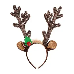 Christmas Reindeer Antlers Headband Deer Antler Ears Hair Hoop Xmas Tree Bell Fawn Horn Headpiece Women Crown Hairband Hair Band Party Decoration Cosplay Costume Cute Handmade Hair Accessories Brown