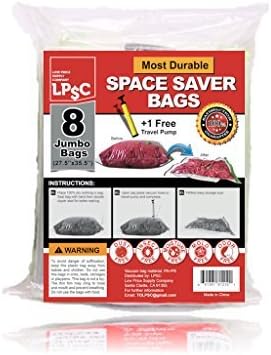 Vacuum Storage Bags by LPSC, 8 Thick Jumbo Space Saver Bags + Free Travel Pump.
