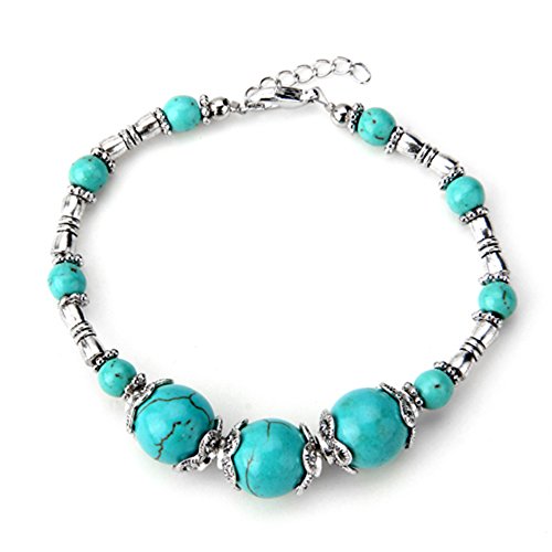 Skyllc® Pulsera Brazalete Tibet plata Turquesa Retro 10 mm Ajustable 