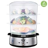 Aicok Cuiseur Vapeur, 800W Cuiseur Vapeur Electrique avec 3 Paniers Vapeurs 0% BPA, 9L Cuiseur avec LED Minuteur Numérique et Base en Acier Inoxydable, pour Riz, Légumes, Viande