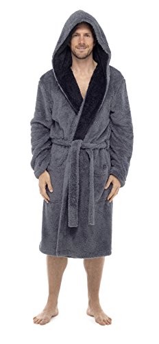 Mens Luxury Soft Comfy Fleece Dressing Gown Robe Nightwear Set Pack (M/L,  Grey/Black)