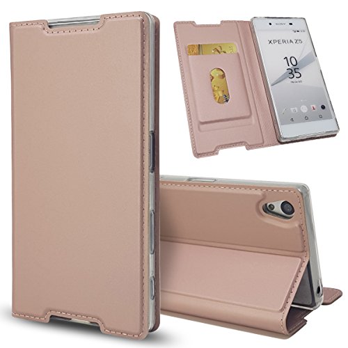 Nadakin Sony Xperia Z5 Business Estuche de cuero ultra delgado Pie de gancho Cubierta plegable para folio con ranura para tarjetas de crédito Tensión magnética Amortiguadores(oro rosa)