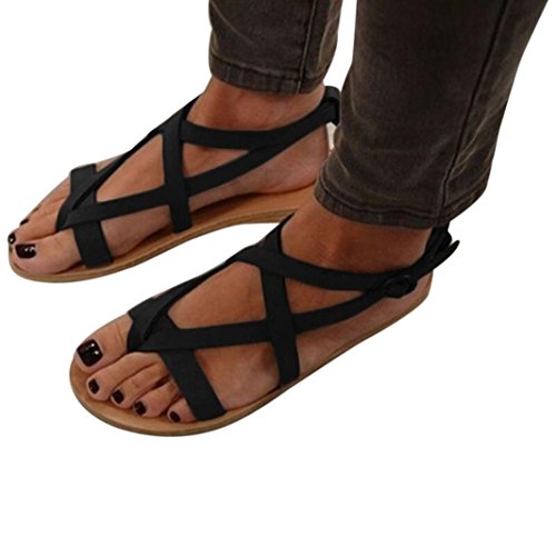 Preisvergleich Produktbild Sandalen Damen, Cooljun Frauen flach Keil Espadrille Rom Krawatte Sandalen Plateau Sommerschuhe Flock / massiv / flach mit / Gladiator / Buckle Strap / ound Toe / Fashion (40, Schwarz)
