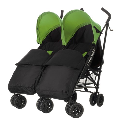 Obaby Apollo Black/Grey Twin Stroller and Black Footmuffs (Lime)