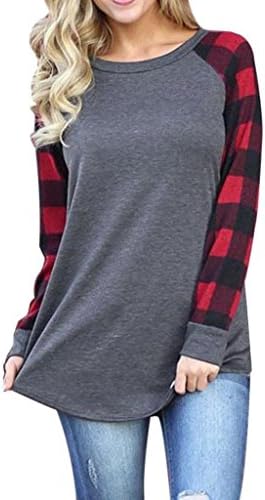 Bestop Women Ladies Long Sleeve Plaid Splice Sweatshirt Cotton Warm O Neck Collar Pullover Tops Blouse Shirt Sweater (L, Red)