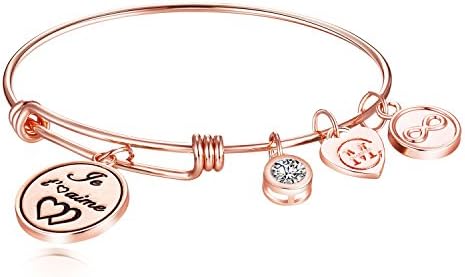 Expandable Charm Bangle Bracelet Engraved "Je t’aime" Gifts for Womens Girls Mother Father Daughters Granddaughters Christmas Jewelry
