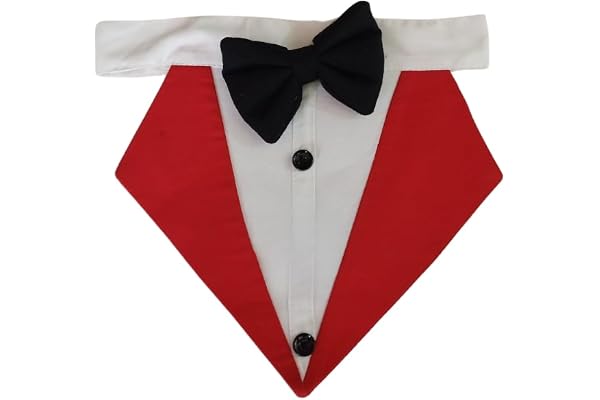 PetFunda Formal Pet Tuxedo Bandana with Bow Tie, Red and White Colour with Decorative Buttons Tuxedo Bandana for Dogs and Cats for All Occassions