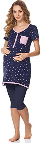 Bellivalini Women's Maternity Pyjama with Nursing Function BLV50-126 (Navy Blue Dots/Navy Blue, L)