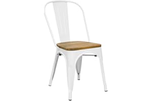 Vaukura Silla Oliix - Silla Industrial Metalica Brillo Asiento Madera (Blanco)