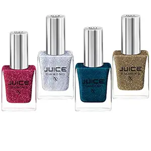 JUICE ONE COAT NAIL PAINT COMBO SHIMMER HONEY GOLD - D07, TURQUOISE AESTHETIC - D11, DIAMOND EMERALD - D15, GOOD GOSSIP - D27 LONG LASTING 11ML EACH PACK OF 4