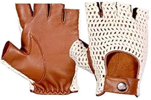 BUSINESS SQUARE BS Gants Mitaines de Conduite Homme en Cuir de Vachette et Crochet en Coton Tricoté Style Luxe Rétro Vintage - Gants Sans Doigts Ajustables pour Voiture Moto Vélo Cyclisme Marron Camel