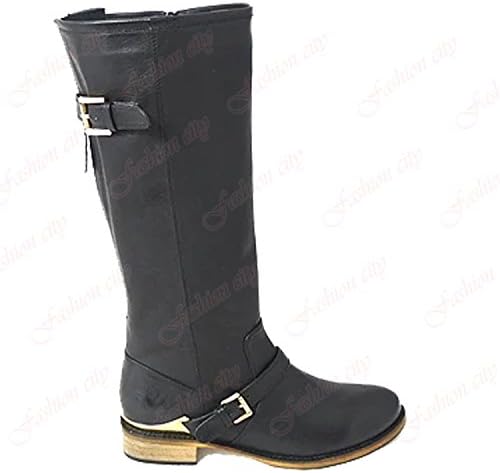 New Ladies Elasticated Designer Buckle Stretch Flat Comfortable Riding Boots 3-8 (UK:{6}, Black)