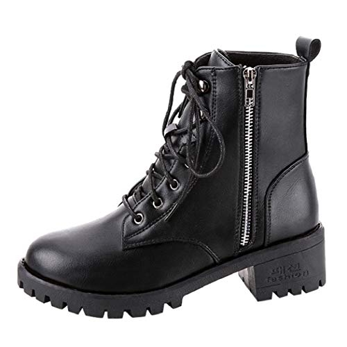 DOLDOA Bottes Martin Femme vintgae Bottes Courtes foures Femme Plate Bottines Femme Cuir à Lacets Zip Bottes de Moto Femme Chaussures décontractées Pas Cher