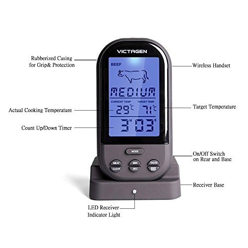 Victagen intelligentes wireless Fernbedienung Fleisch Thermometer, Outdoor tragbares elektronisches Thermometer für Essen Kochen&Grill, Backen Thermometer mit Countdown Küchenzeituhr - 2