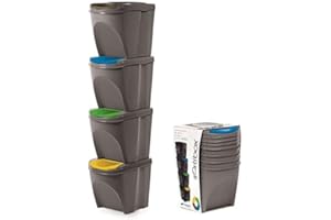 KrysGo 20 Litre Large Stackable Recycling Sorting Colour Coded Plastic Bins with Hinged Lids (4 x Grey)