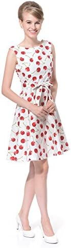 FiftiesChic Women's 100% Cotton Sleeveless Floral Print 50s Inspired Vintage Rockabilly Party Dress (M (US6/UK10/EU38), White Cherries)