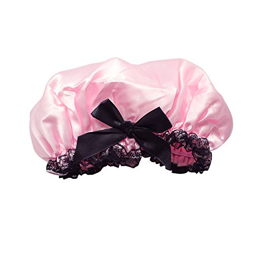 Homgaty Women Shower Cap Waterproof Ribbon Elastic Bow Lace Bathing Hair Cap Hat (Pink)