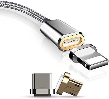 Magnetic Charge Wire for Samsung & Iphone Apple USB Charging Adaptor for Smart Phones and Tablets (Straight, Silver - & Micro USB Fast Charge Connector)