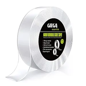 Gizga Essentials Nano Double Sided Tape| Multipurpose Super Sticky Gel Grip Mounting Tape Washable Reusable No Residue for Home, Office| 2-mm Thick, 1.2-Inch Wide, 3.3-Ft/ 5-Mtr Roll (Transparent)