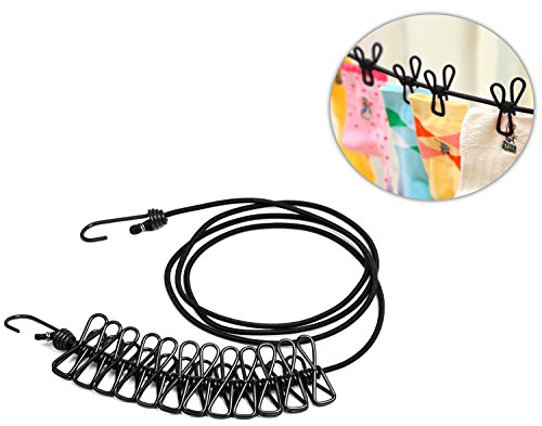 Leisial Flexibel Wäscheleine mit 12-Stück Clips und Beiden Haken- Super Praktisch Seile für Reise Camping Picknick Behausung (Schwarz) - 6