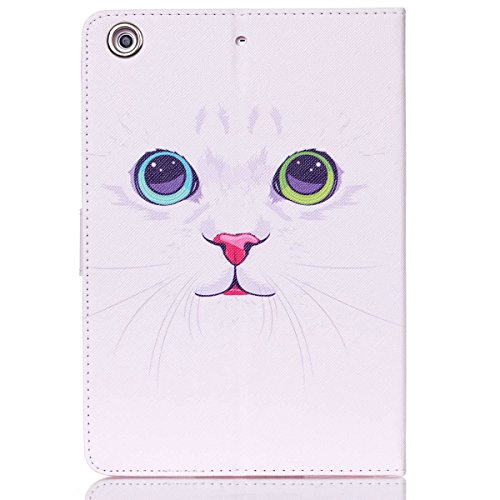 iPad mini 3 Lederhülle – Felfy Slim Full Body Unique Tier weiße Katze Muster PU Case Cover Etui Schutz Hülle Tasche für Apple ipad mini 3 mini 2 mini 1 + 1x Bunte Eule Anti Stöpsel + 1x Silver Stylus - 3