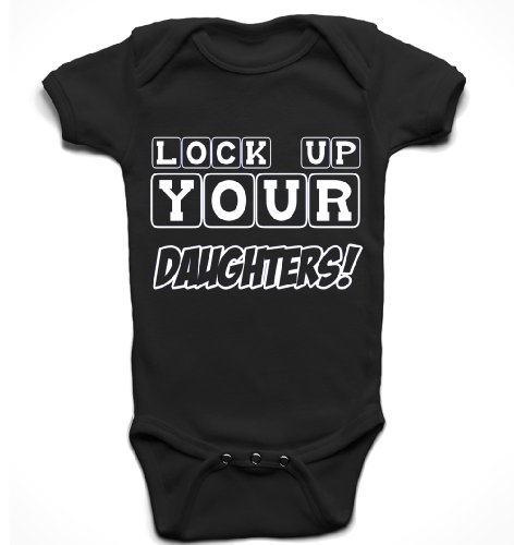'Lock up your daughters!' cute baby boy babygrow romper sleepsuit (0-3 months, Black)