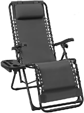 Weida Home Tumbona Plegable para Exterior | Reposapiés y Cojín Ajustable | Silla Reclinable Bandeja Lateral para Bebidas, Móvil y Libros | para Terraza, Camping, Playa, Piscina (Gris)