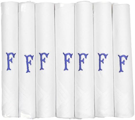 7 Pack Mens/Gentlemens Initial Embroidered White Handkerchiefs With Satin Border, F