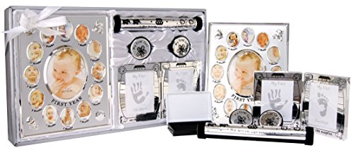 New 5 Piece Baby Keepsake Gift Set suitable for Unisex, Boy, Girl, First Photo Frame, Curl and Tooth Box, Handprint Footprint Prints Kit. Available in Pink, Blue and Silver. (SHINY SILVER)