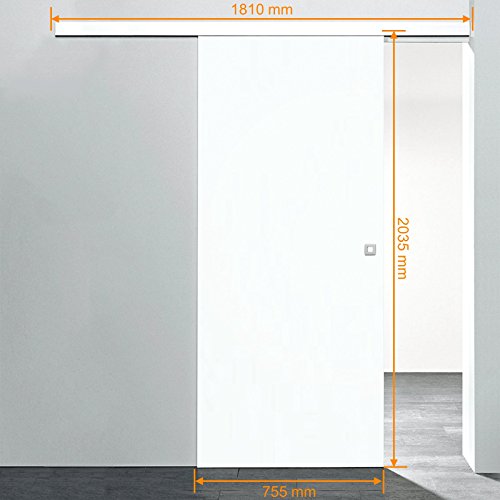 Holz-Schiebetür weiß Komplettset mit Schiebetür-Beschlag 755 x 2035 mm Holztür & Schiene Schiebetürsystem Quadratgriff - 2