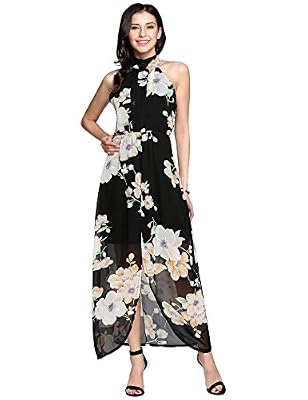 Befied Femme Imprimé Fleuri Robe Longue en Mousseline sans Manches Vintage en Été (L, Noir)