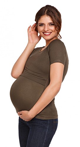 Happy Mama. Women's Maternity Nursing Double Layer T-shirt Round Neckline. 991p (Khaki, UK 12/14, XL)