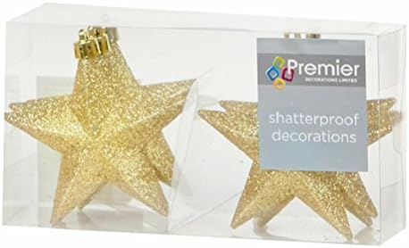 Christmas Tree Decoration 6 Pack 100mm Shatterproof Glitter Stars - Golden