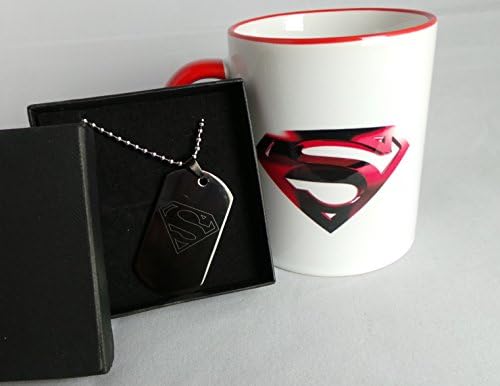Superman,GPO Group Exclusive Gift Set Superman Logo Design Printed On Microwave & Dishwasher Safe Red Rimmed And Red Handled 11oz Mug Cup And Diamond Cut Engraved Black Dog Tag