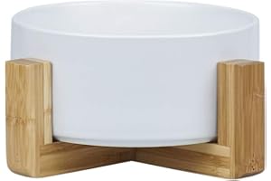 HCHLQLZ Blanco Ceramica Comedero Perro y Comedero Gato - 850 ml - En un Elegante Soporte de bambú - También Adecuado para Perros Grandes/Grandes felinos