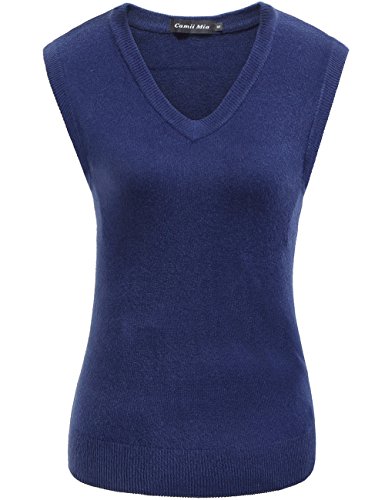Camii Mia Women's V Neck Solid Tank Top (Large, Navy)