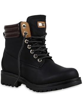 Stiefelparadies Damen Stiefeletten Worker Boots mit Blockabsatz Metallic Profilsohle Flandell