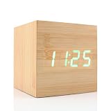 Mini Würfel Digital Wecker Retro USB / AAA Batteriebetriebene LED-Beleuchtung Sprachsteuerung mit Zeit Datum Temperaturanzeige (Bambus)