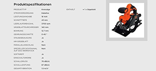 Black + Decker 18V, Akku-Kreissäge / Handkreissäge, Ø 140 mm, 43 mm Schnitttiefe, ohne Ladegerät, BDCCS18N - 4