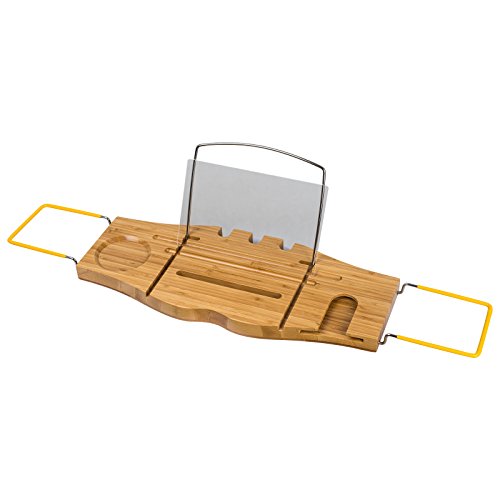 TOP-MAX badewannenablage ausziehbar Bambus Ablage Badewanne Rack Badewannenbrücke Bad Caddie mit buchstütze für Lesung Buch IPad Pro Glashalter für Wein oder Sekt Weihnachtsgeschenk