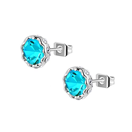 joyliveCY Pendientes para mujer bañados en oro blanco con piedra brillante de color azul, diseño floral
