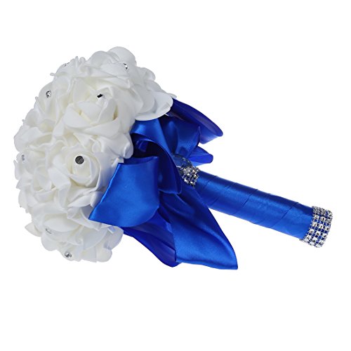 TOOGOO(R)Schoene Hochzeits-Blumenstrauss Blumenhochzeitsstrauss kuenstliche Blume Rose weisser Brautstraeusse mit blauer Band - 3