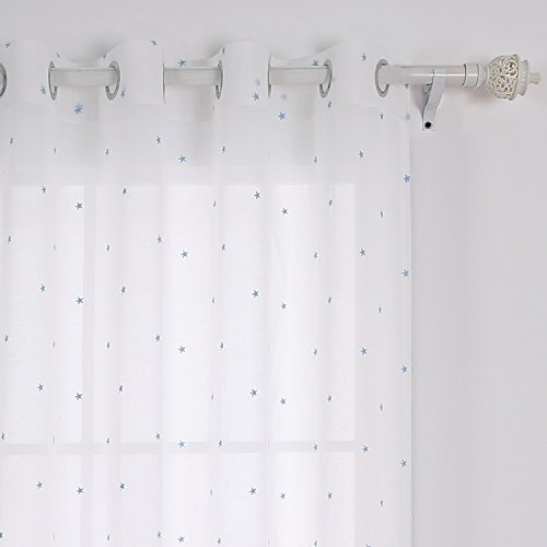 Deconovo Voile Vorhang Ösen Vorhänge Kinderzimmer Dekosachals Bestickte Vorhang Voile 240x140 cm Blau Stern