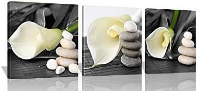 Adorn Art (30x30cm) Stretched and Framed 3 Panels White Calla Flower with Stone Grey Picture Photos Prints on Canvas Painting, Modern High Giclee Zen Home Walls Artwork Decor Decoration, Ready to Hang