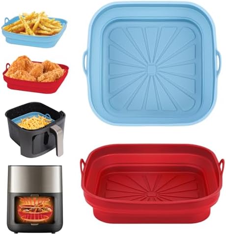Alyvisun Teglie per Friggitrice ad Aria, 2 Pezzi Teglia in Silicone per Air Fryer Contenitori Cestello Riutilizzabile Quadrato Tappetino Stampi Per Airfryer, Microonde, Forno (Rosso+Azzurro)