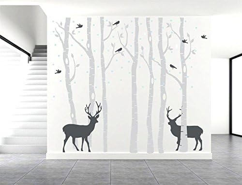 Yanqiao Deer in Forest with Bird Wall Decal Stickers Removable Art Home Decorations DIY Wallpaper Easy to Apply 180*210CM/70.9*82.7" 1Pcs/Set,grey