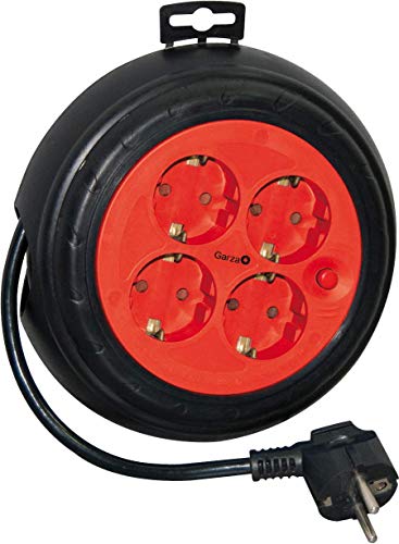 Garza 430016 Enrollacables 3 Metros con 4 Tomas, Negro / Rojo